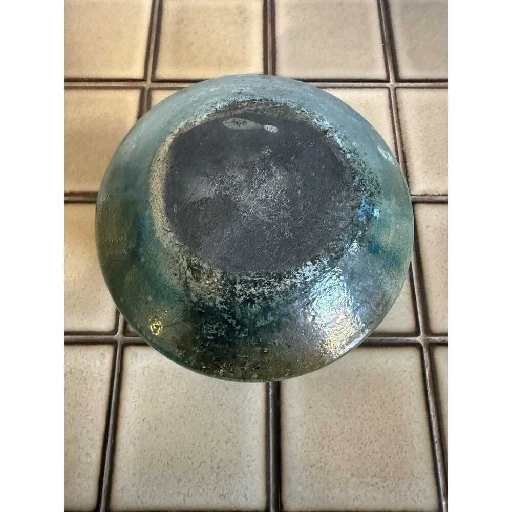 Vintage Studio Art Pottery Bowl Teal Green Glaze Hand Thrown Low Vessel Planter